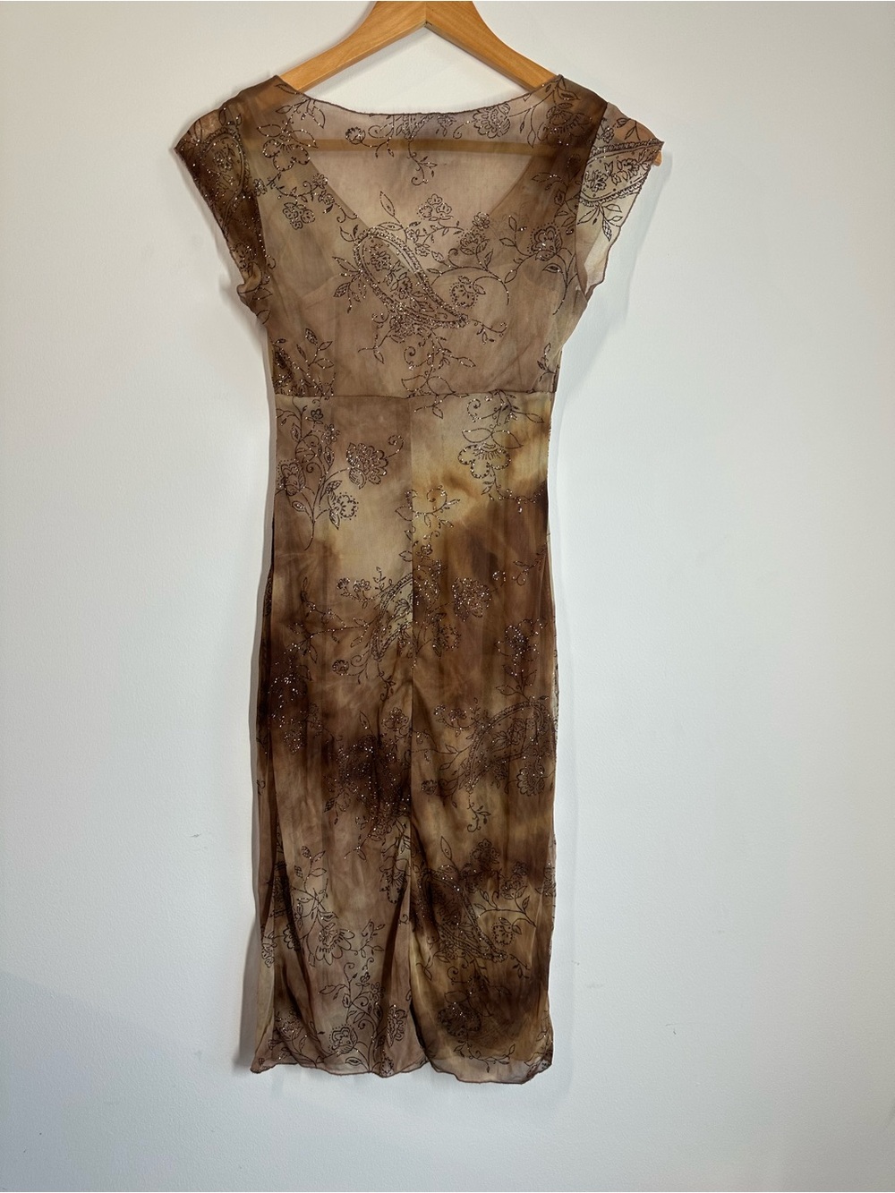 Rampage Y2K Brown Mesh Glitter Floral Midi Dress Tie Front - Size Small - Picture 3 of 4